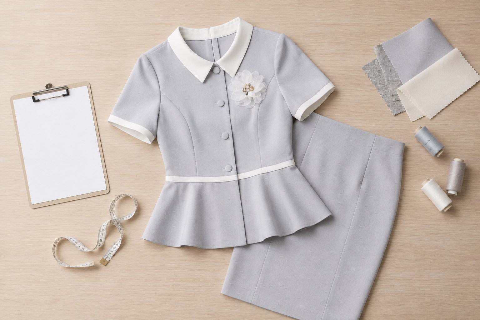 F009灰色白領短袖制服套裝與訂製用品